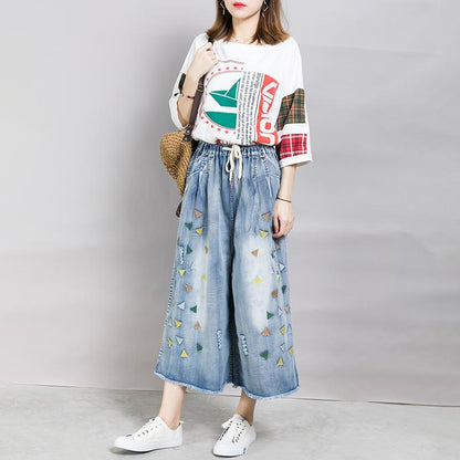 Embroidered Triangle Frayed Burr Casual Jeans