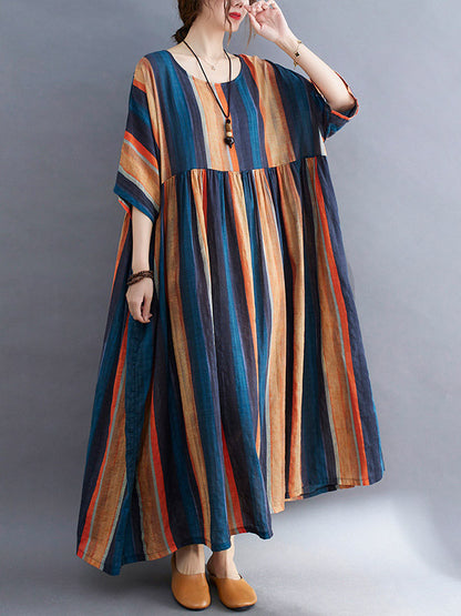 Colorful Stripe Split-Joint Round-Neck Long Dress