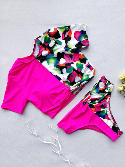 Contrast Snakeskin Printing Semi Tankini Swimsuit