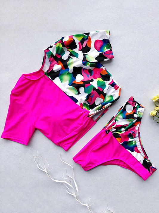 Contrast Snakeskin Printing Semi Tankini Swimsuit