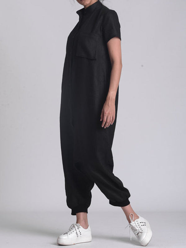 Simple Black Stand Collar Low Crotch Short Sleeves Jumpsuits