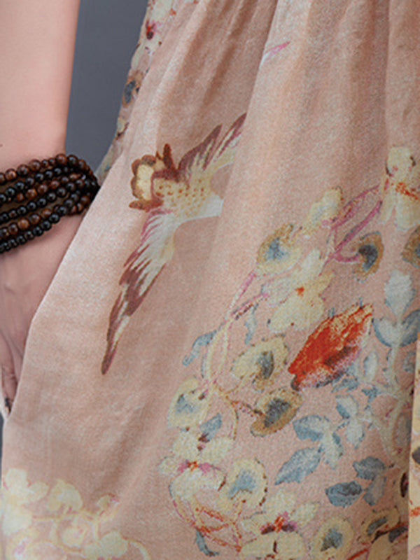 Artistic Retro Loose Floral Printed Pleated Half Sleeves Midi Dress