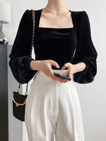 Urban Pleuche Solid Color Pleated Square-Neck Bishop Sleeves T-Shirt