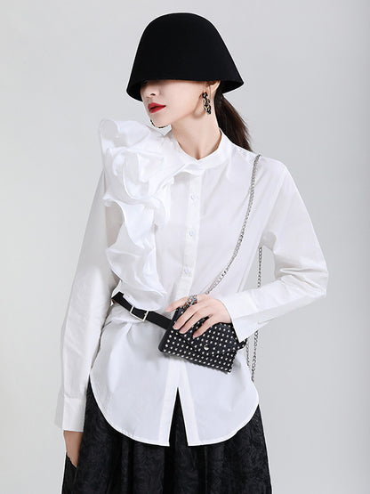 Stylish Falbala Split-Joint Solid Color Buttoned Stand Collar Long Sleeves Blouse