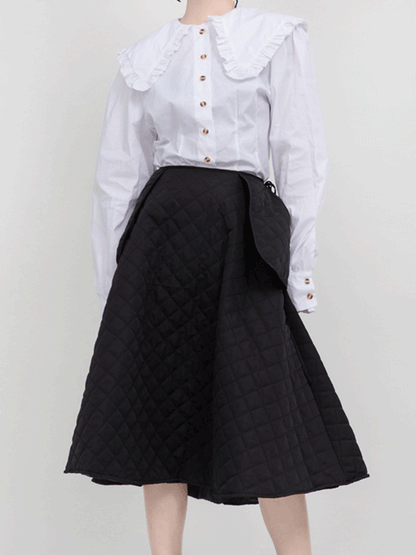 Black Vintage Rhombic Bandage Split-Joint Large Pocket A-Line Skirt