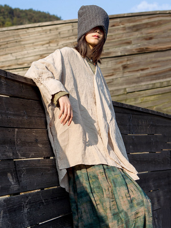 Artistic Retro Irregular Ramie Cotton Pleated V-Neck Long Sleeves T-Shirt