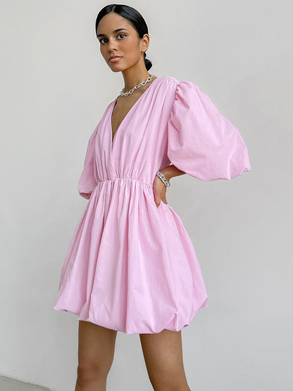 Simple Solid Color Pleated V-Neck Bishop Sleeves  Mini Dress