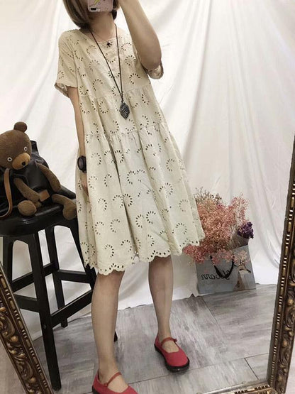 Cotton Vintage Embroidered Hollow Tiered Dress