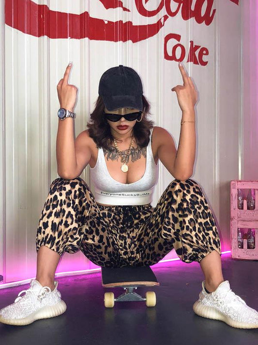 Leopard Printed Wide Leg Athletic Pants