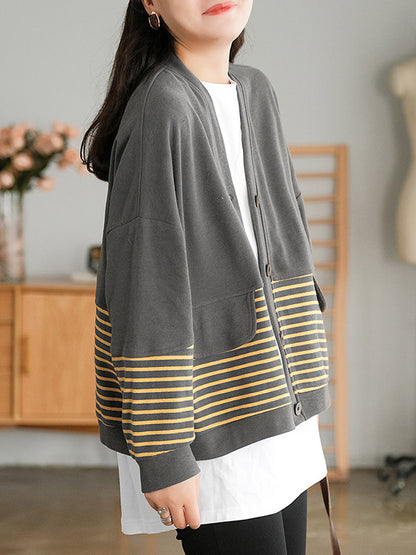 Casual Striped Buttoned V-Neck Batwing Sleeve Outerwear