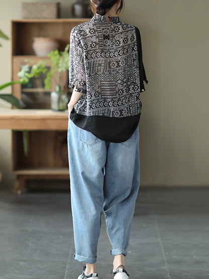 Original Printing Half Sleeve Lapel Blouse Tops