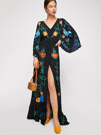 Bohemia Retro Embroidered Falbala Maxi Dress