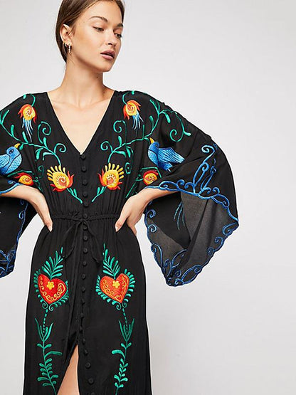 Bohemia Retro Embroidered Falbala Maxi Dress