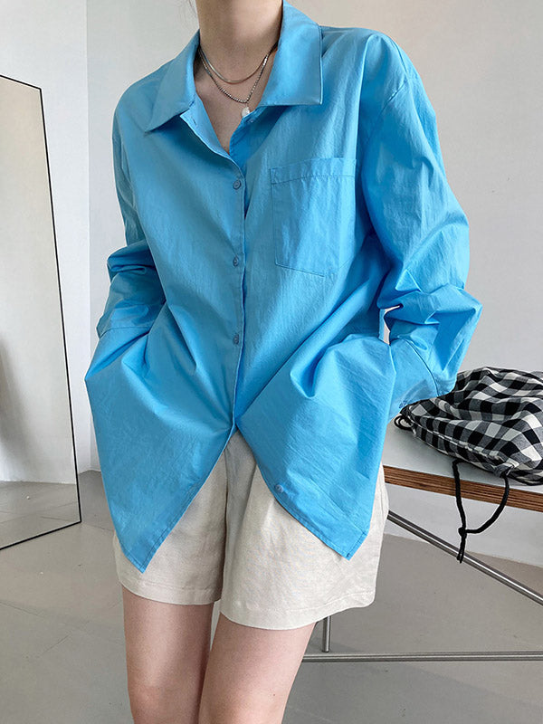 Simple Solid Color Split-Joint With Pocket Buttoned Lapel Collar Long Sleeves Blouse