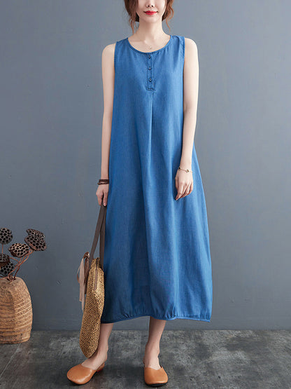 Simple Casual Denim Solid Color Midi Dress