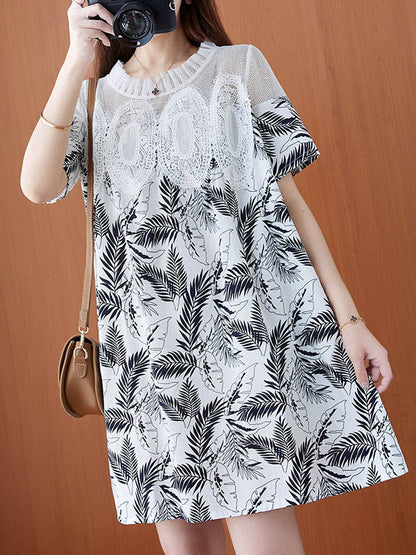 Stylish Linen Printed Split-Joint Round-Neck Lace Short Sleeves Mini Dress