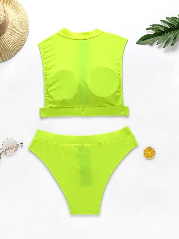Turtlenecks Zippers Split Bikini Swimsuit