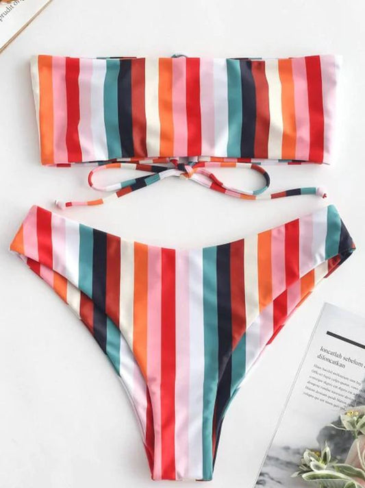 Bandeau Striped Bikini Swimsuit
