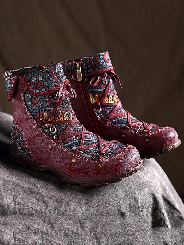 Printed Zipper Bandage Leather Boots