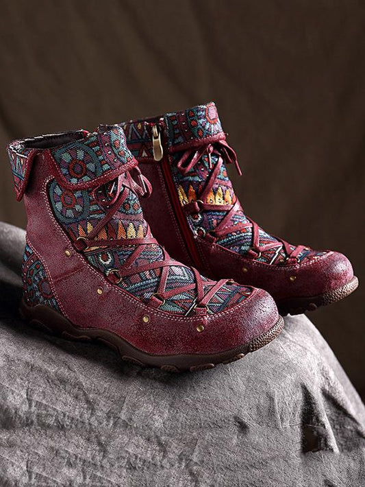 Printed Zipper Bandage Leather Boots