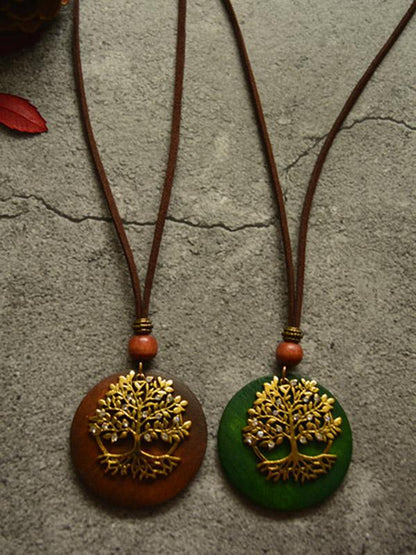 Vintage Bright Drilling Big Tree Wood Necklace