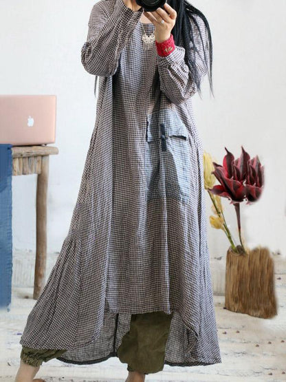 LOOSE VINTAGE LINEN PLAID ROUND-NECK LONG DRESS