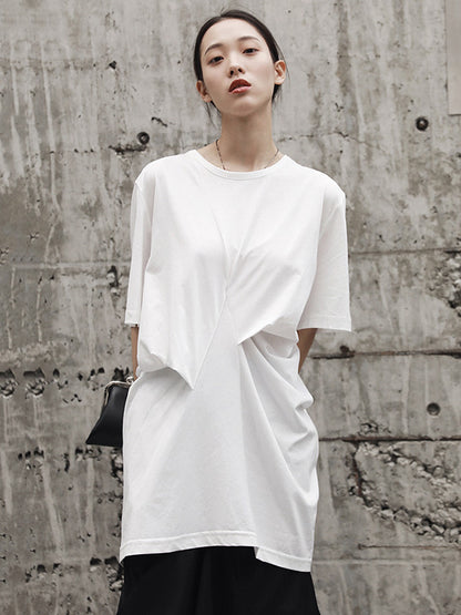 Simple Solid Color Asymmetric Pleated Short Sleeves Round-Neck T-Shirt