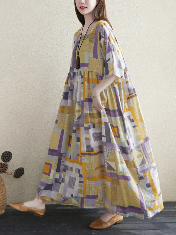 Artistic Retro Ramie Cotton Color-Block Pleated Round-Neck Half Sleeves Midi Dress