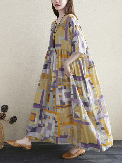 Artistic Retro Ramie Cotton Color-Block Pleated Round-Neck Half Sleeves Midi Dress