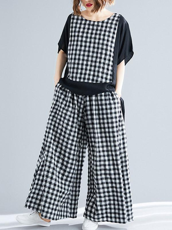 Loose Plus Size Plaid Ramie Cotton Suits