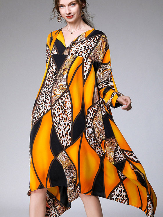 Casual Loose Split-Joint Contrast Color Leopard Floral Printed Lapel Collar Long Sleeves Midi Dress