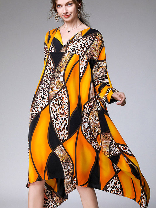Casual Loose Split-Joint Contrast Color Leopard Floral Printed Lapel Collar Long Sleeves Midi Dress