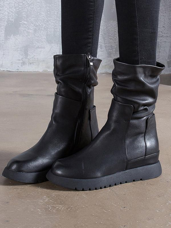 Black Fold Zipper Cow Leather Short Boots