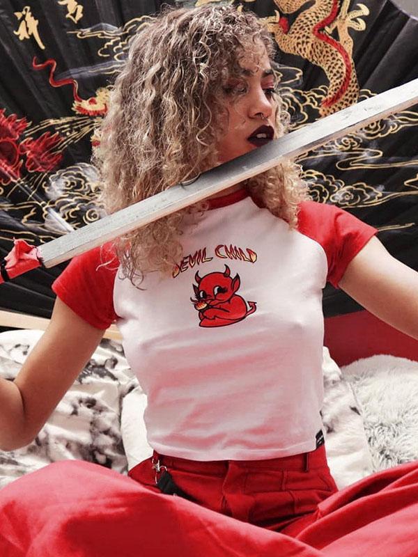 Contrast Color Printed Short Sleeves T-Shirts Tops