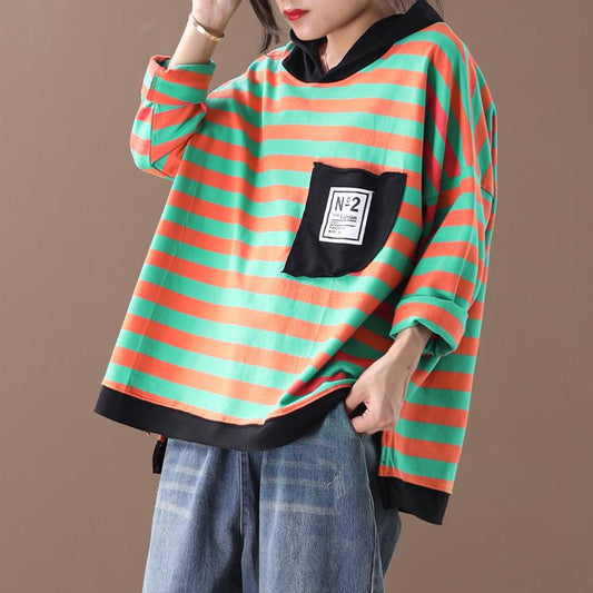 Buykud Loose Literary Patchwork Striped Pullover Hoodie