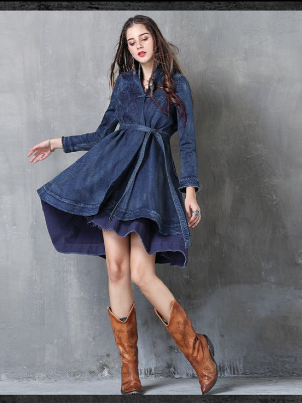 Embroidered Cropped Belted Jean Coat