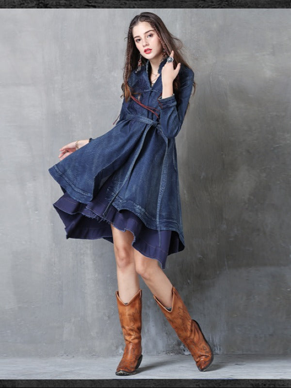 Embroidered Cropped Belted Jean Coat