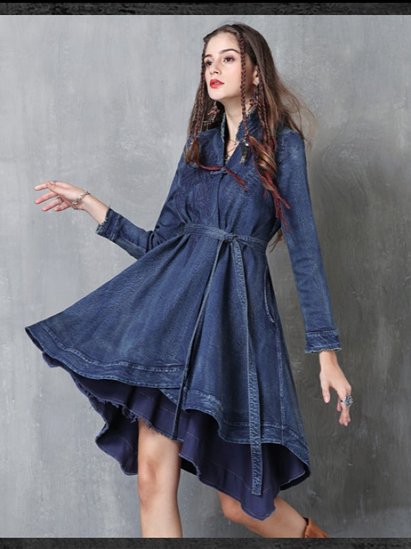 Embroidered Cropped Belted Jean Coat