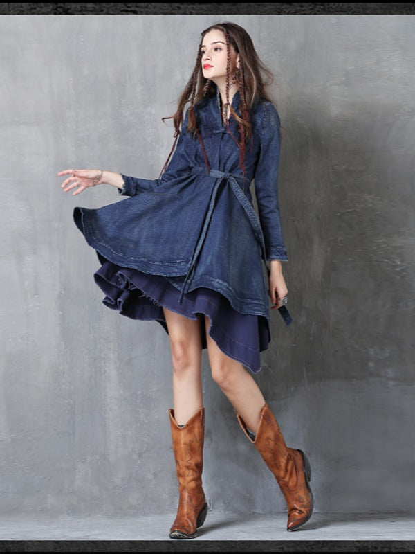 Embroidered Cropped Belted Jean Coat