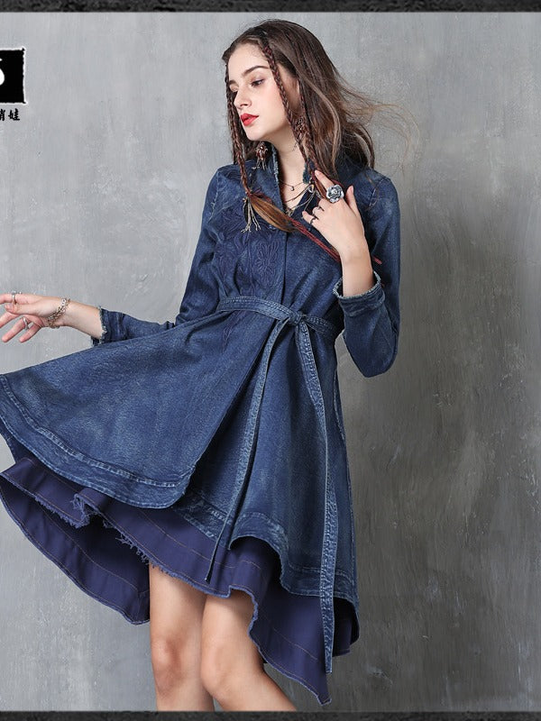 Embroidered Cropped Belted Jean Coat