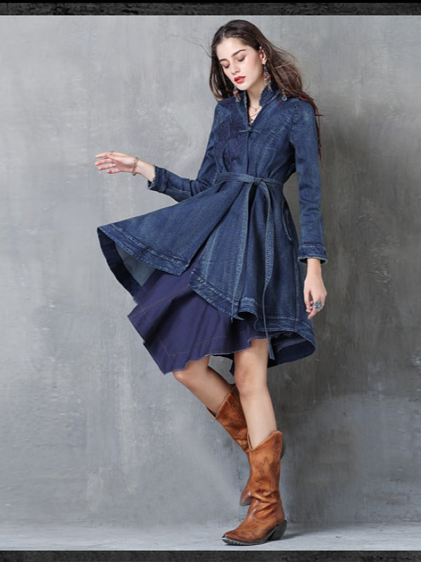 Embroidered Cropped Belted Jean Coat