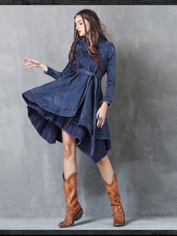 Embroidered Cropped Belted Jean Coat