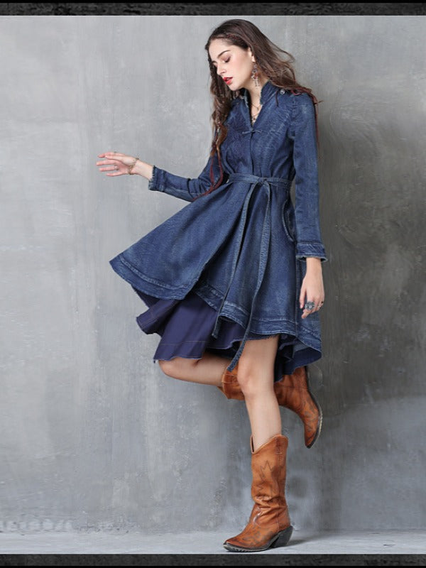 Embroidered Cropped Belted Jean Coat