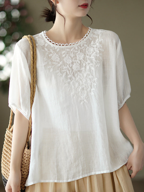 Artistic Retro Vintage Loose Ramie Cotton Embroidered T-Shirt Top