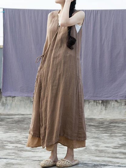 Literary Sleeveless Ramie Cotton Long Dress