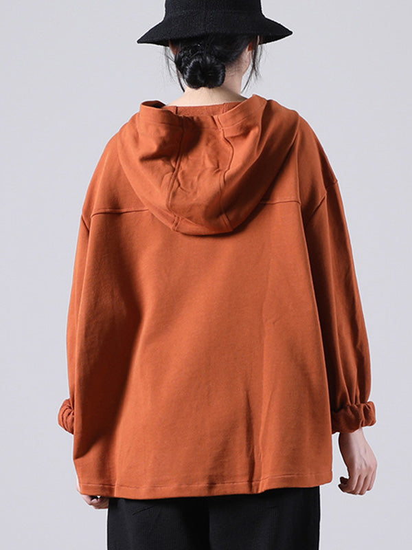 Casual Solid Color Buttoned Batwing Sleeve Hoodies
