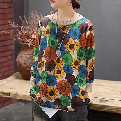 Casual Retro Floral Printed O-neck Knitted Shirt