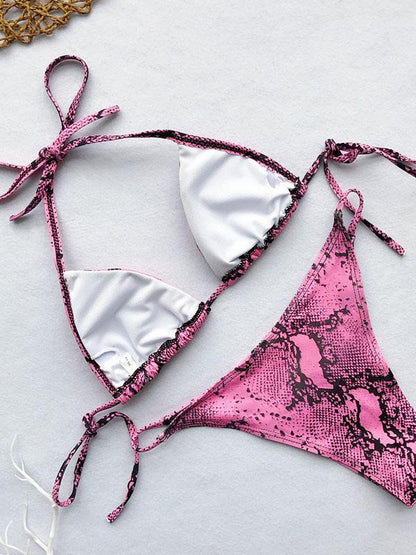 Lace-up Snakeskin Print Scrunch Bikini Set