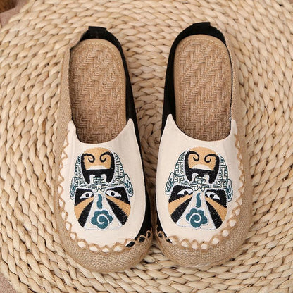 Peking Opera Mask National Wind Women's Shoes Manual Linen Straw Embroidered Slippers