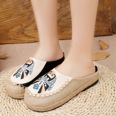 Peking Opera Mask National Wind Women's Shoes Manual Linen Straw Embroidered Slippers
